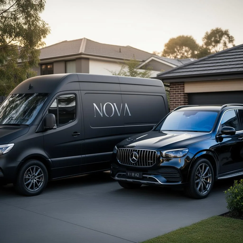 NOVA mobile detailing van parked beside a freshly detailed luxury SUV in a Melbourne driveway