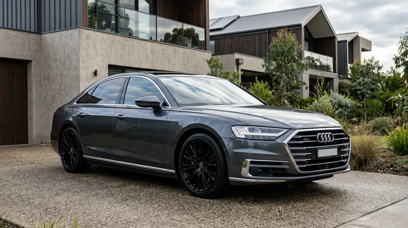 Luxury sedan after a professional NOVA mobile detail on a Melbourne driveway — deep gloss paint, clean wheels and crystal-clear glass