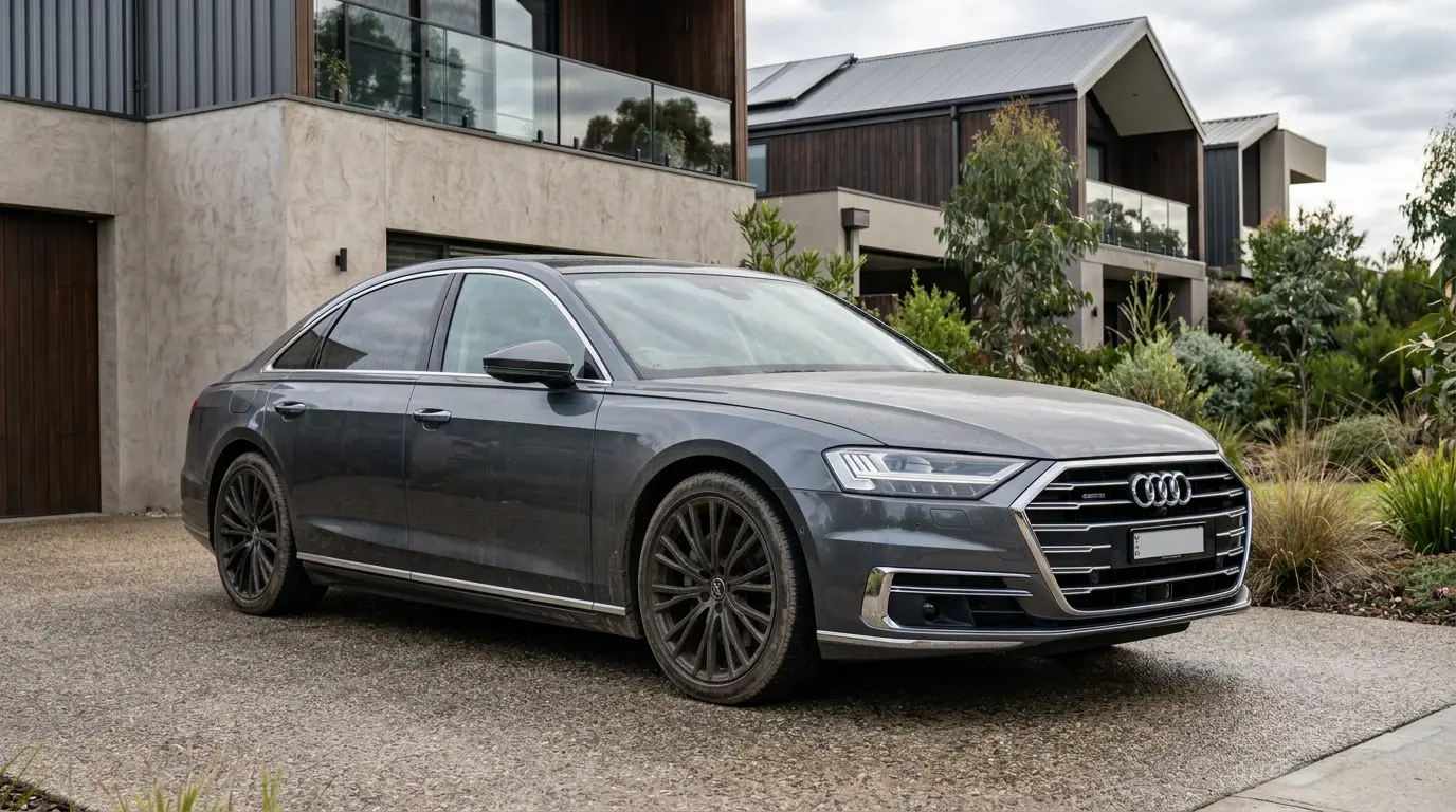 The same luxury sedan before detailing — light dust, water spots and dull paint